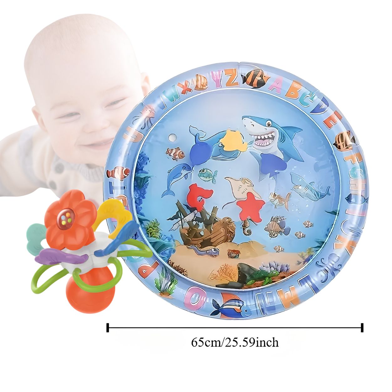 SET DE ESTIMULACIÓN BEBÉ: ALFOMBRA DE AGUA 65CM + SONAJERO MOLAR EN FORMA DE FLOR - 1