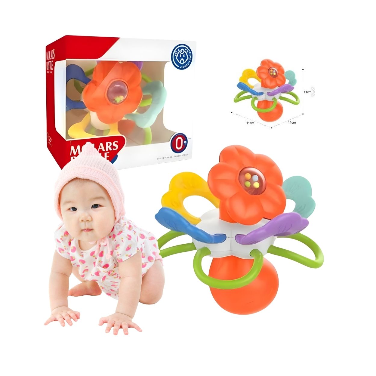 SET DE ESTIMULACIÓN BEBÉ: ALFOMBRA DE AGUA 65CM + SONAJERO MOLAR EN FORMA DE FLOR - 5