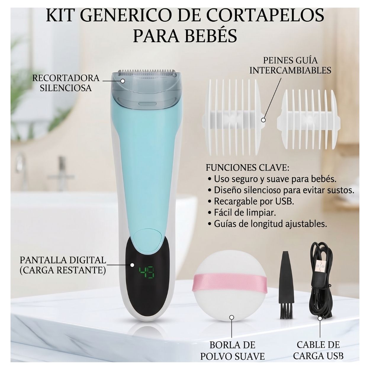 KIT RECORTADORA DE PELO INFANTIL RECARGABLE USB CON PANTALLA LCD Y ACCESORIOS - 3