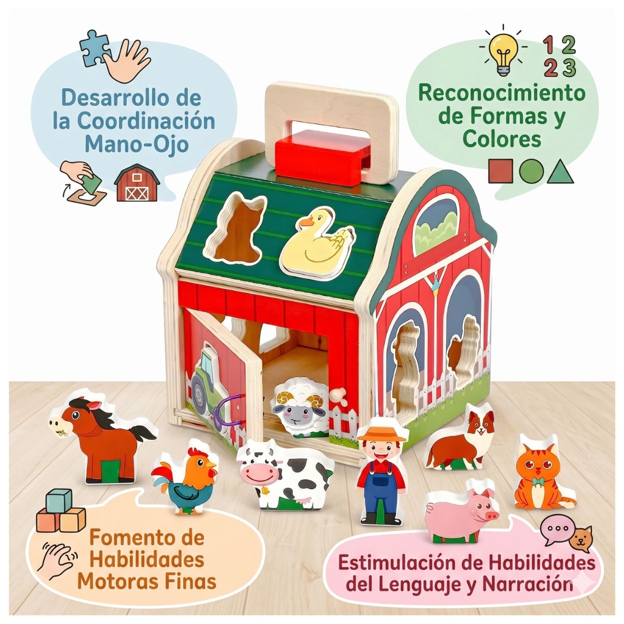 CASITA DE GRANJA DE MADERA CON ANIMALES JUGUETE MONTESSORI ENCAJE Y CLASIFICACIÓN - 2