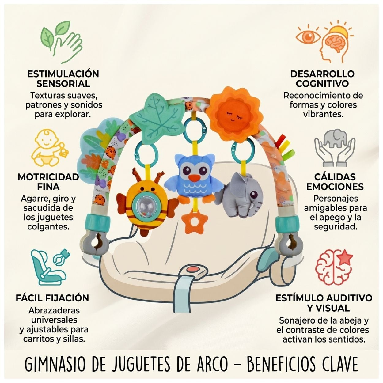 ARCO MÓVIL DE JUGUETES SOLECITO Y ANIMALITOS PARA COCHE Y CUNA DE BEBÉ CON SONAJEROS - 2
