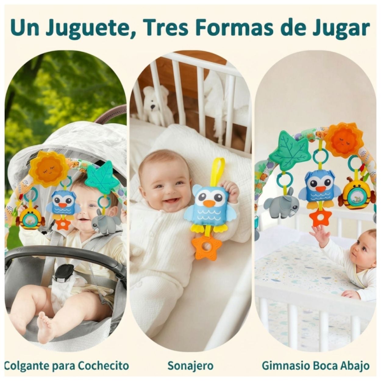 ARCO MÓVIL DE JUGUETES SOLECITO Y ANIMALITOS PARA COCHE Y CUNA DE BEBÉ CON SONAJEROS - 3