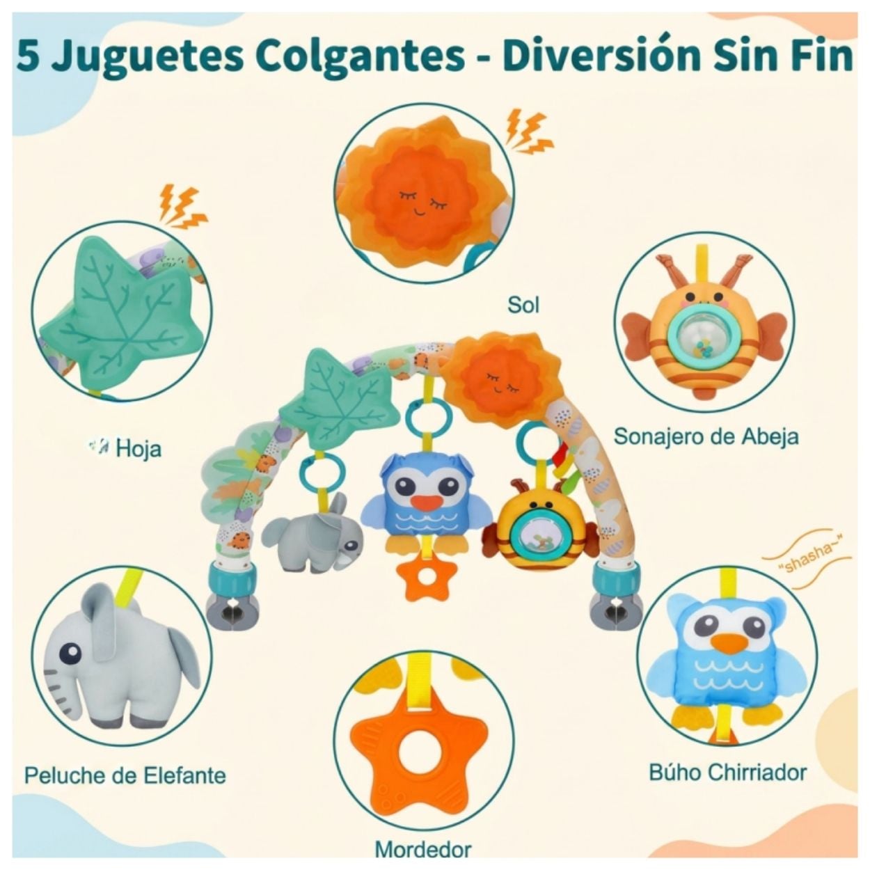 ARCO MÓVIL DE JUGUETES SOLECITO Y ANIMALITOS PARA COCHE Y CUNA DE BEBÉ CON SONAJEROS - 5