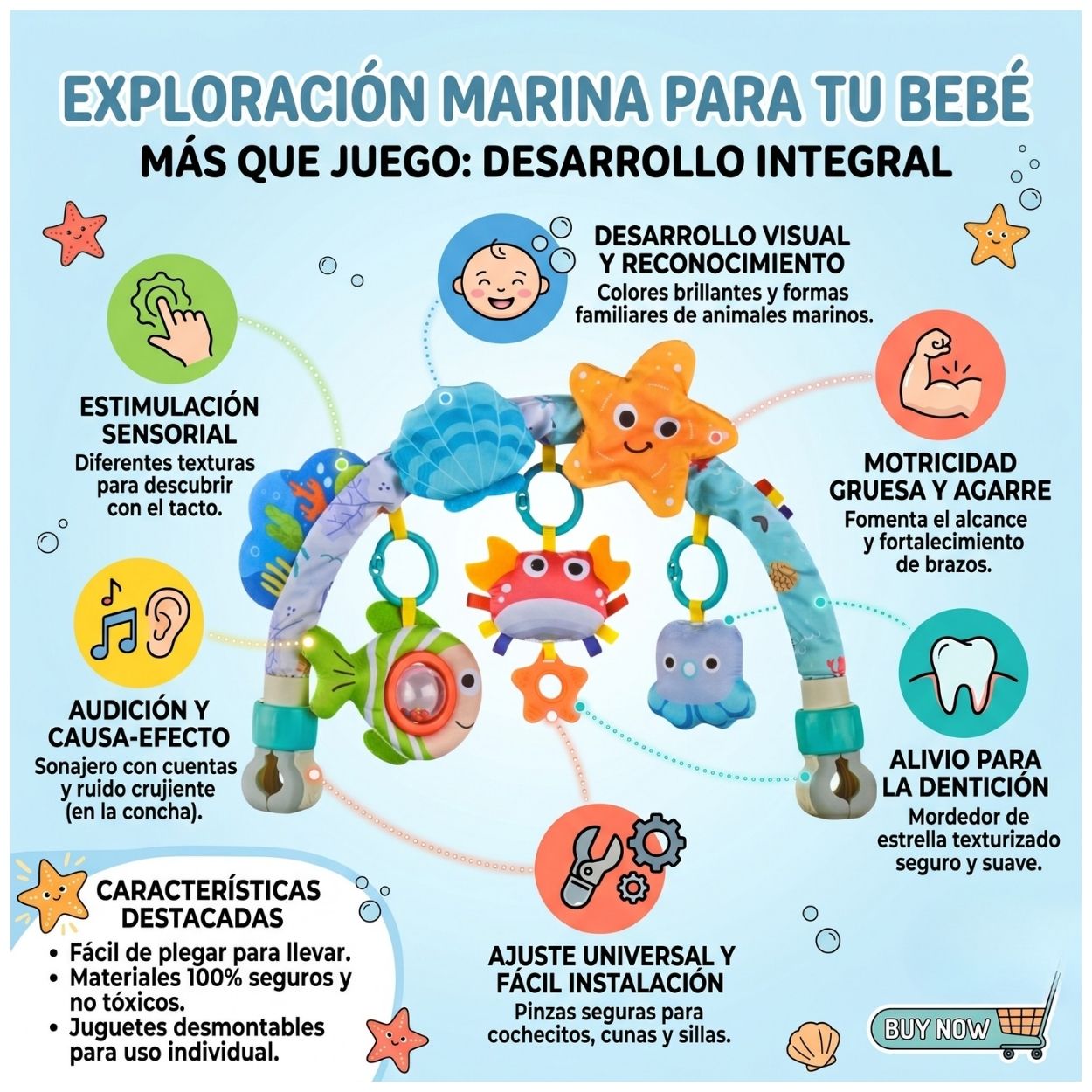 ARCO MÓVIL TEMÁTICA MARINA PARA COCHE DE BEBÉ Y CUNA CON SONAJEROS Y MORDEDOR - 2
