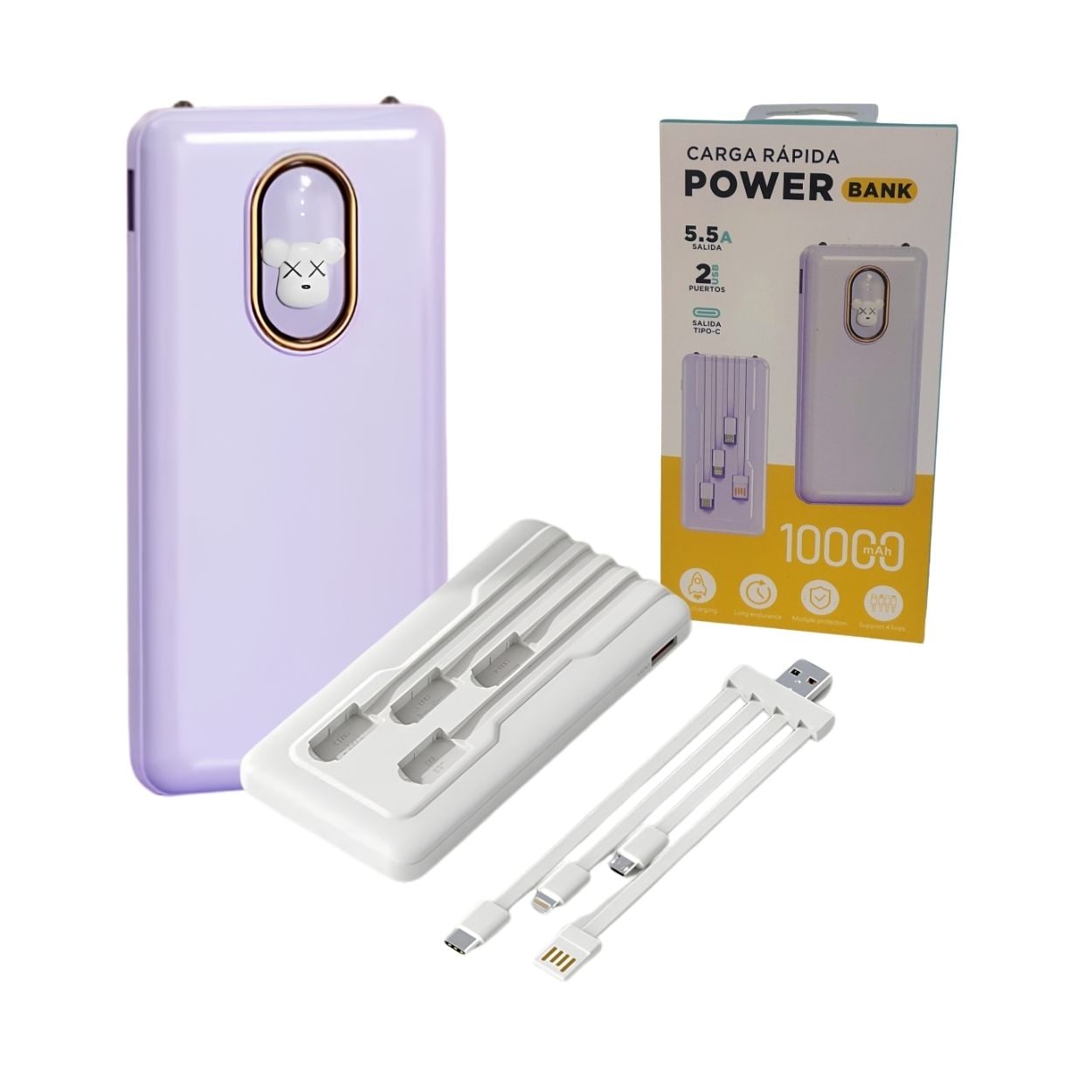 BATERÍA PORTÁTIL POWER BANK 10000 MAH CON 4 CABLES Y LINTERNA INTEGRADOS - 1