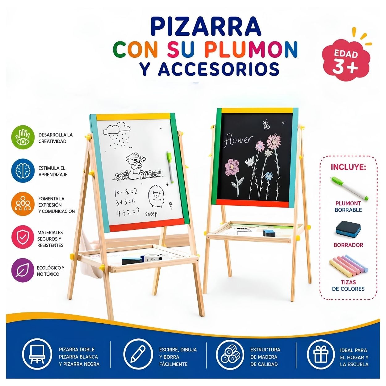 PIZARRA INFANTIL DOBLE CARA ACRÍLICA IMANTADA CON CABALLETE Y TIZA - 1