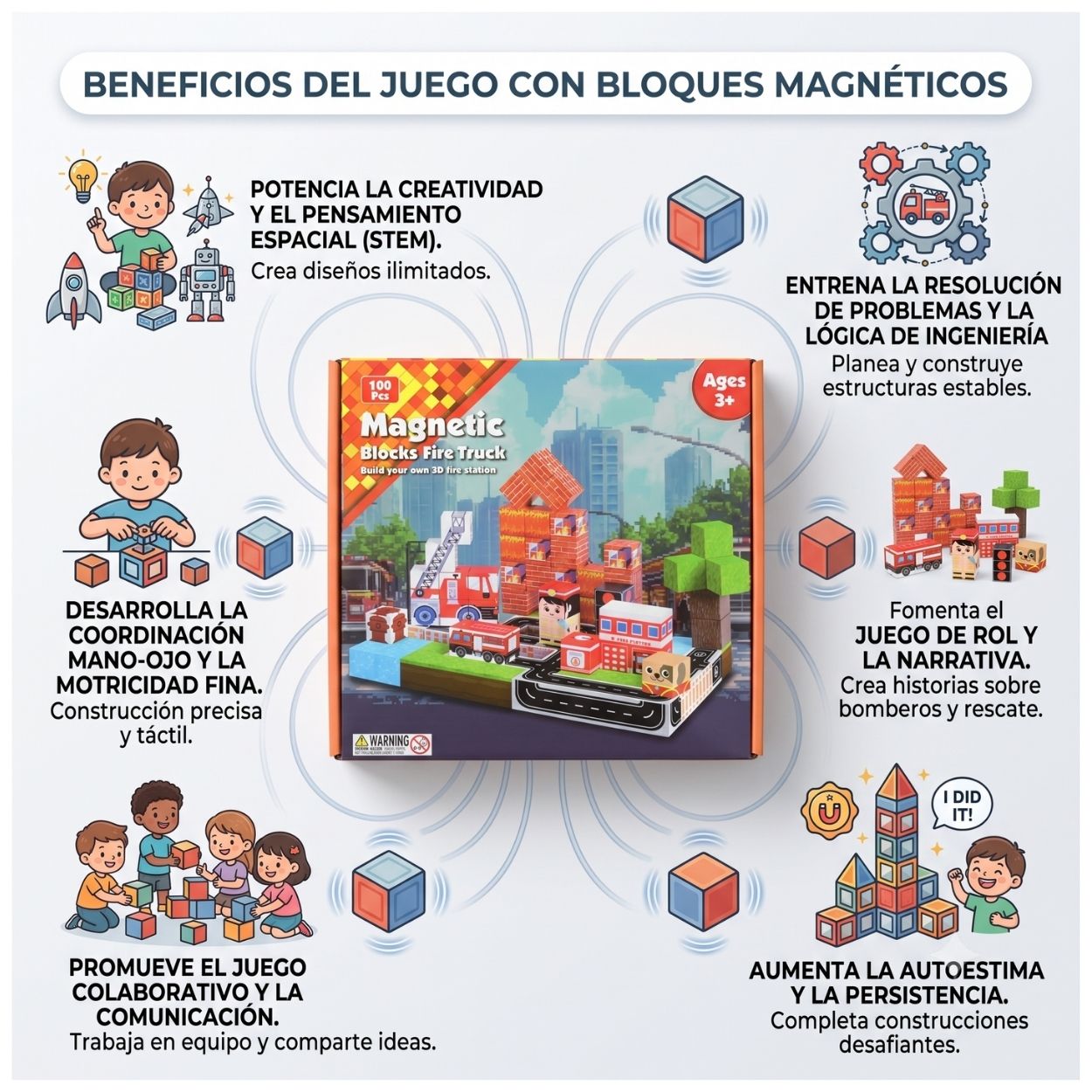 BLOQUES MAGNÉTICOS 3D ESTACIÓN DE BOMBEROS JUGUETE 100PZS - 3