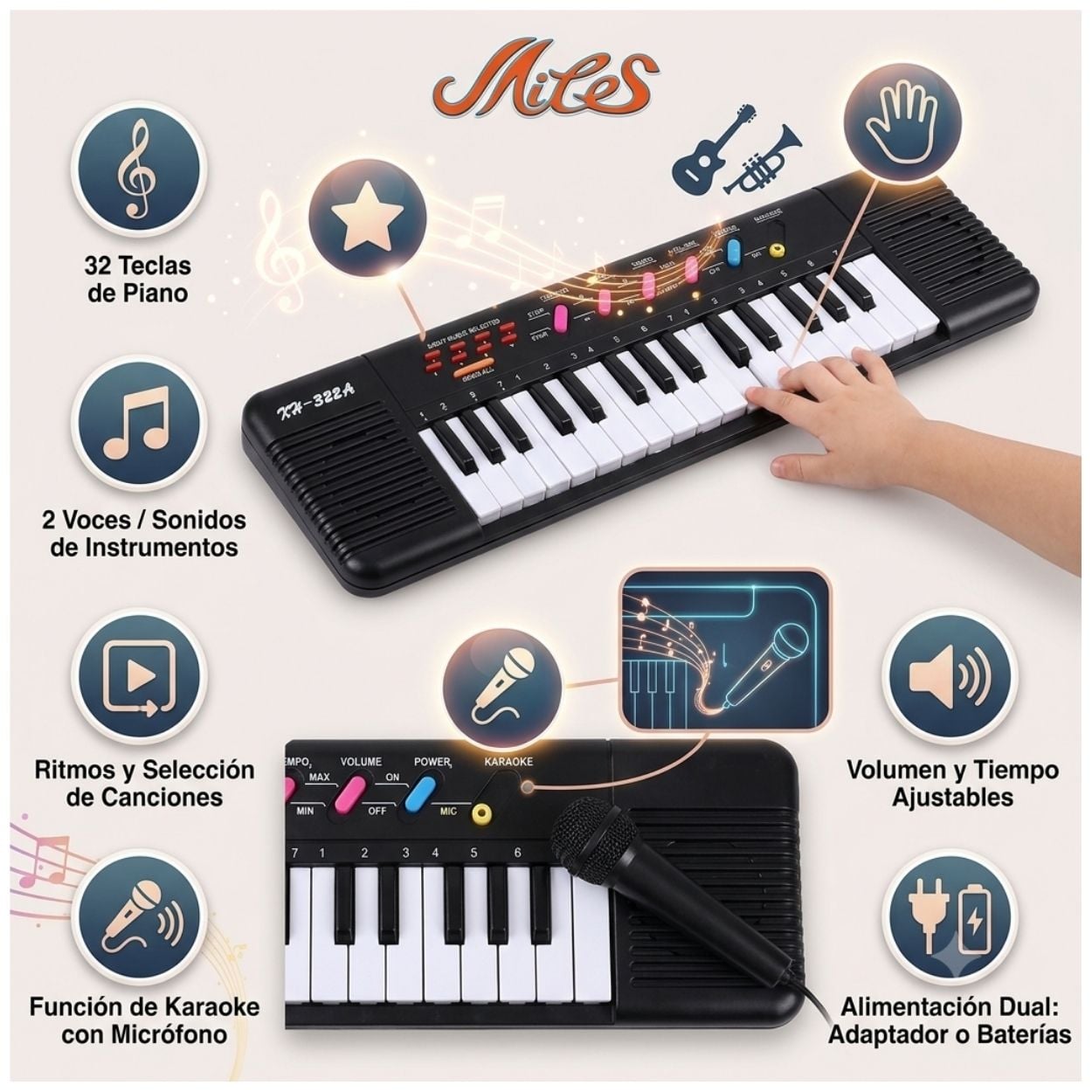 TECLADO ÓRGANO ELECTRÓNICO MUSICAL JUGUETE 32 TECLAS XH-322A - 2