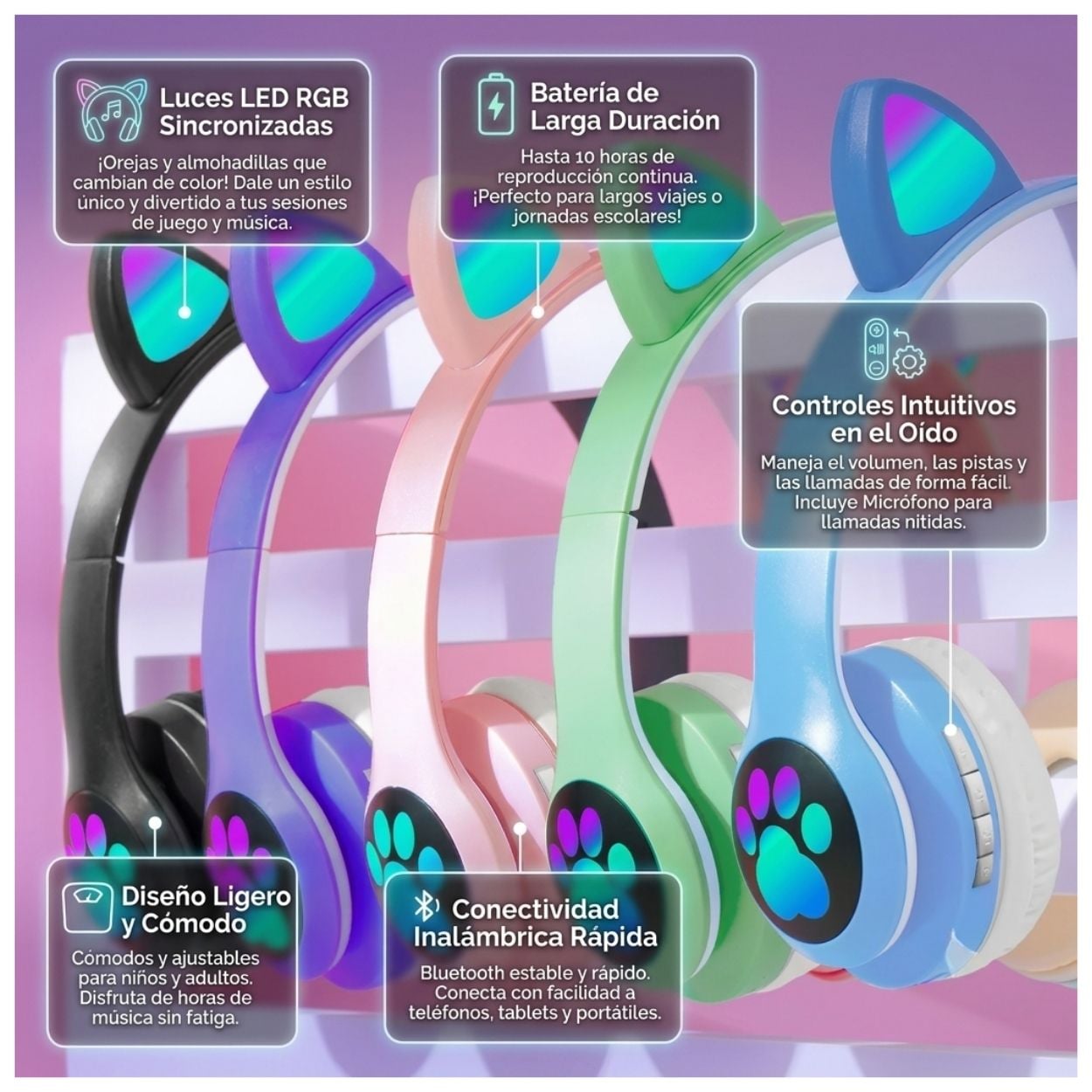AUDÍFONOS BLUETOOTH OREJAS DE GATO RGB VIV-23M - 2