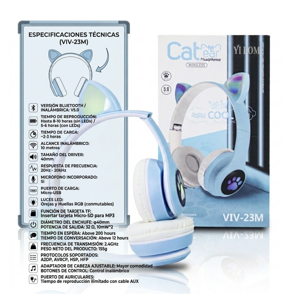 AUDÍFONOS BLUETOOTH OREJAS DE GATO RGB VIV-23M - 3