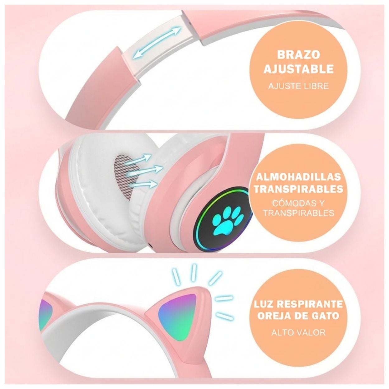 AUDÍFONOS BLUETOOTH OREJAS DE GATO RGB VIV-23M - 5