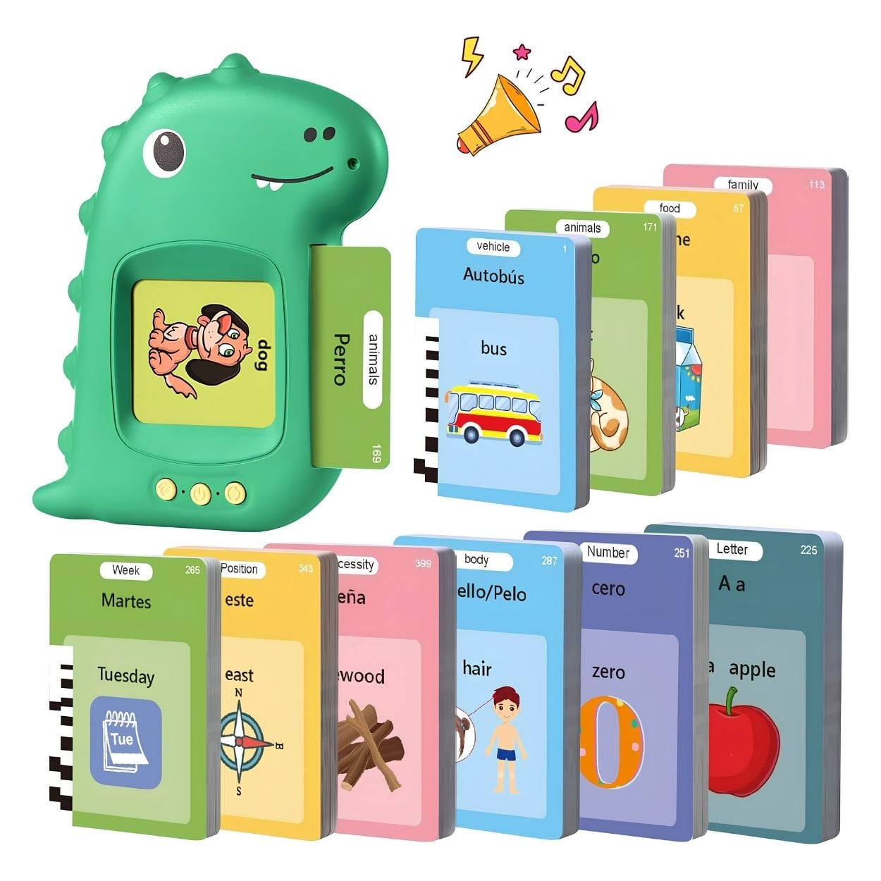 DINOSAURIO LECTOR TARJETAS FLASH INTERACTIVAS INGLÉS ESPAÑOL NIÑOS - 1