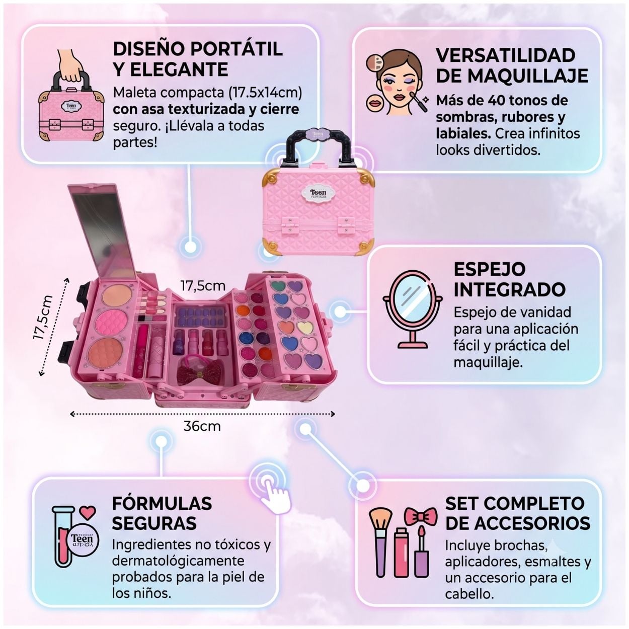 MALETÍN DE MAQUILLAJE INFANTIL NIÑAS KIT DE BELLEZA ROSADO - 2