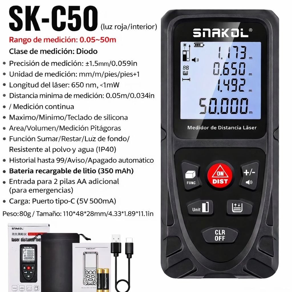 DISTACIOMETRO RECARGABLE WINCHA LASER 50 M SNAKOL - 1