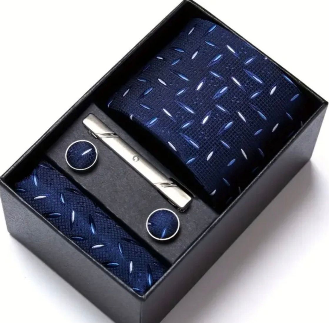 SET CORBATA PISA CORBATA GEMELOS Y PAÑUELO AZUL CON FIGURAS - 1