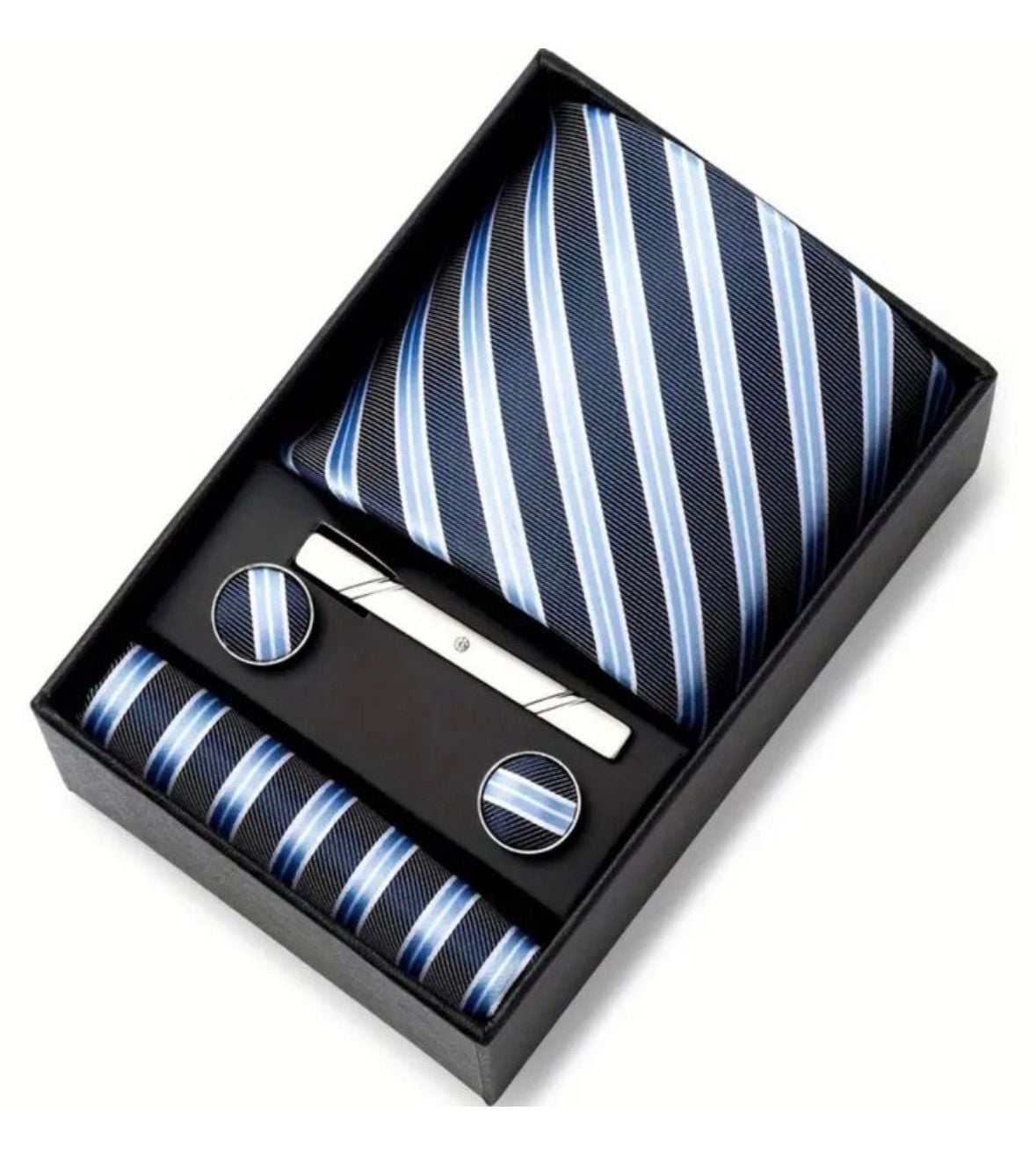 SET CORBATA PISA CORBATA GEMELOS Y PAÑUELO CELESTE RAYAS - 1