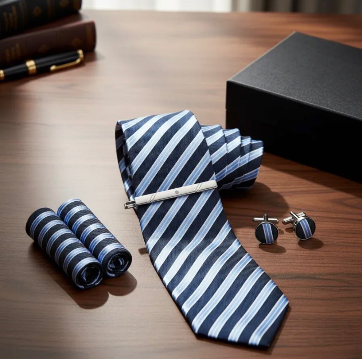 SET CORBATA PISA CORBATA GEMELOS Y PAÑUELO CELESTE RAYAS - 3