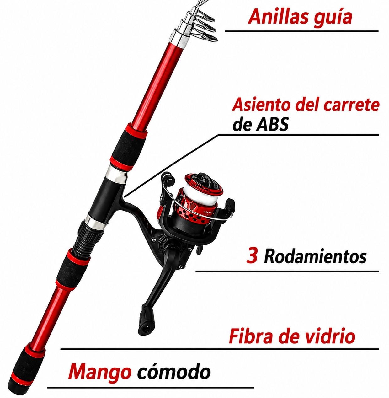 CAÑA DE PESCAR CON SEÑUELOS ROJO M1 BOLSA - 4