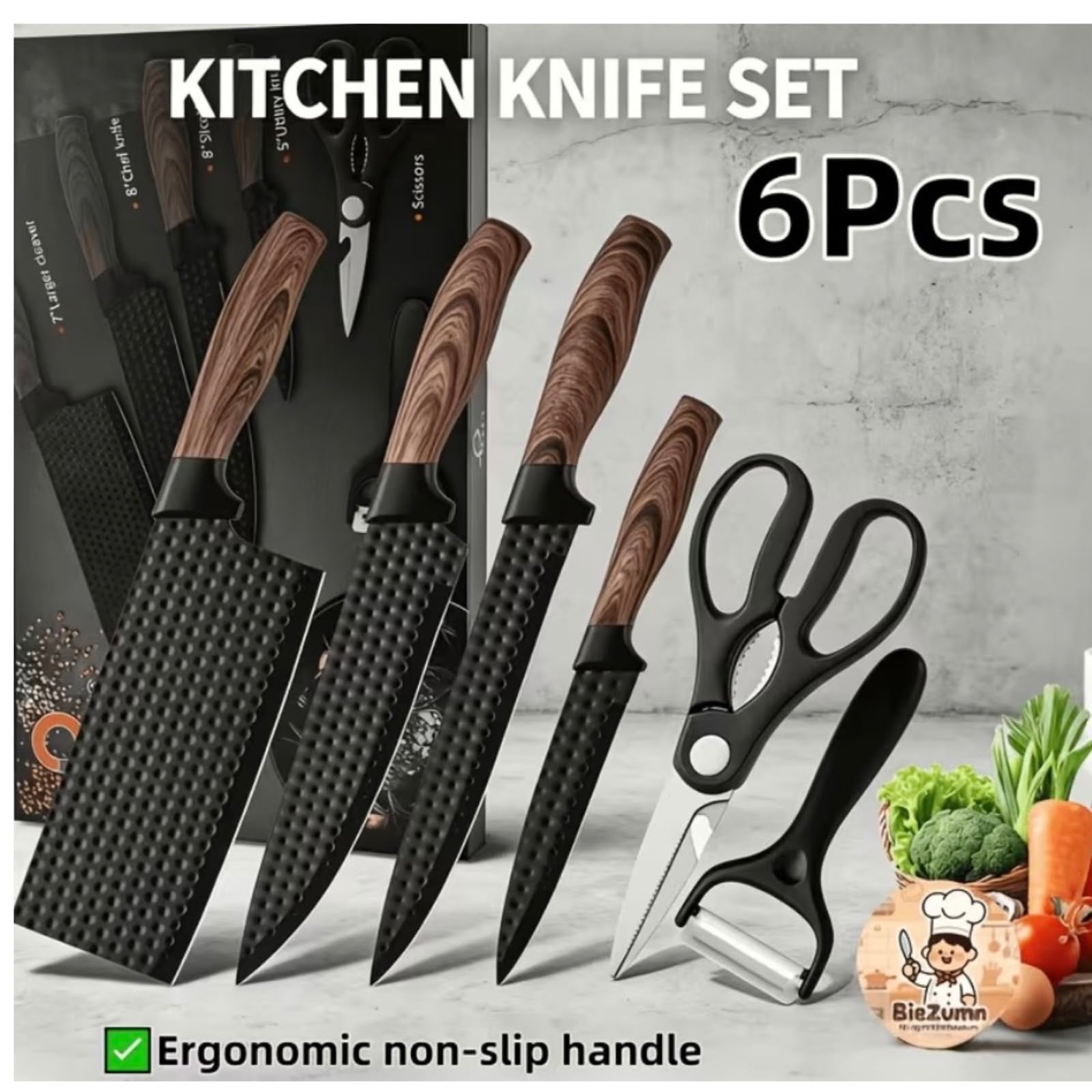 CUCHILLOS DE COCINA 6 PIEZAS NEGRO PREMIUM - 1