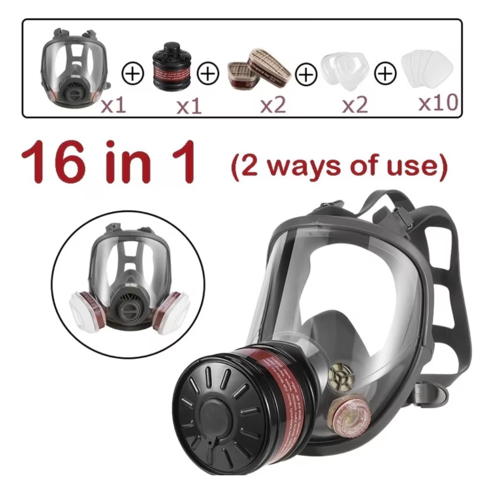 MÁSCARA PARA GAS RESPIRATORIA DE CARA COMPLETA 16 EN 1 – SISTEMA 2 EN 1 - 1