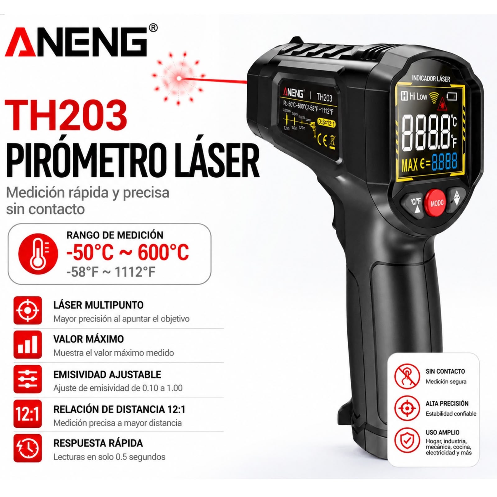 PIROMETRO LASER ANENG 600° EMISIVIDAD AJUSTABLE - 1