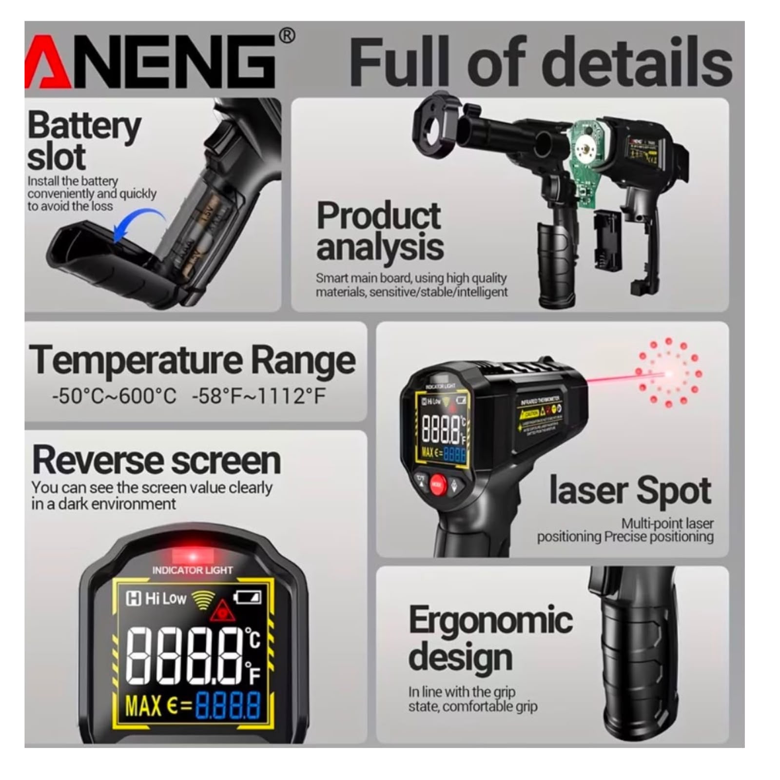PIROMETRO LASER ANENG 600° EMISIVIDAD AJUSTABLE - 2
