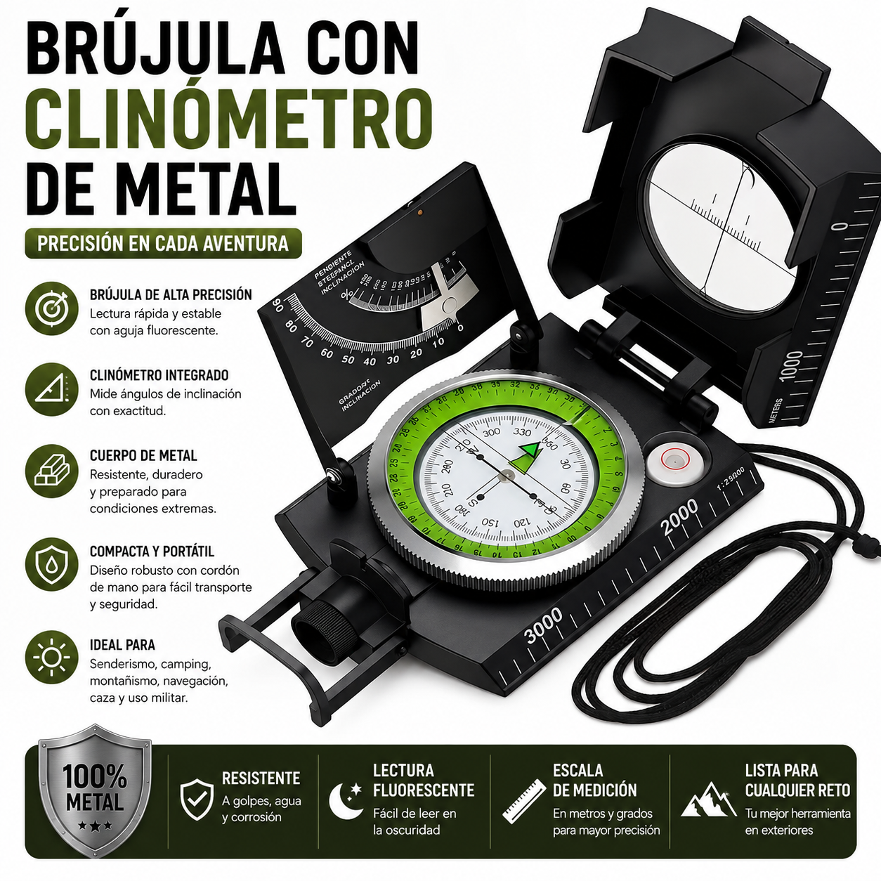 BRUJULA GEOLOGICA DE METAL CON CLINOMETRO GRANDE NEGRO - 1