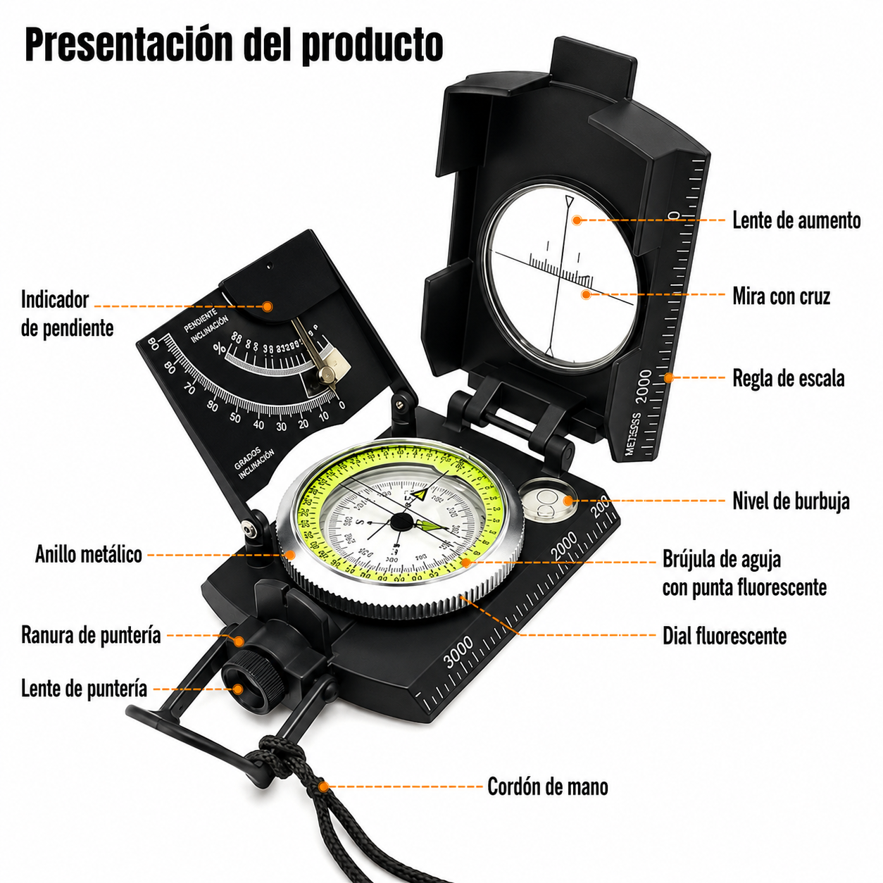 BRUJULA GEOLOGICA DE METAL CON CLINOMETRO GRANDE NEGRO - 2