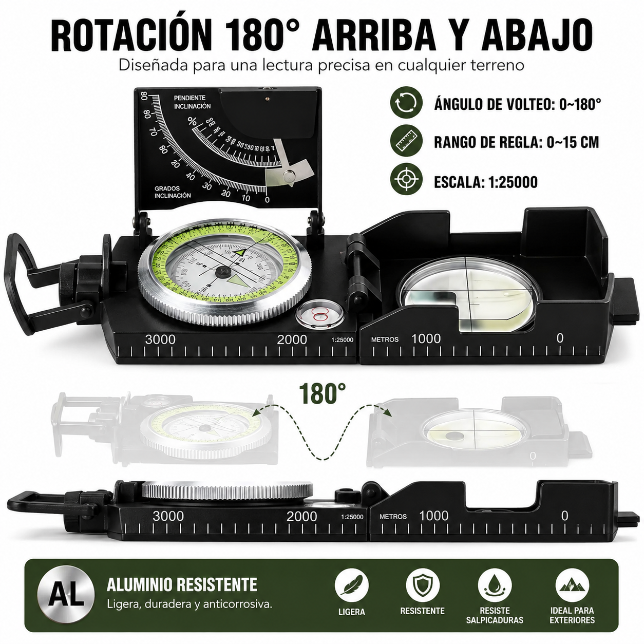 BRUJULA GEOLOGICA DE METAL CON CLINOMETRO GRANDE NEGRO - 3