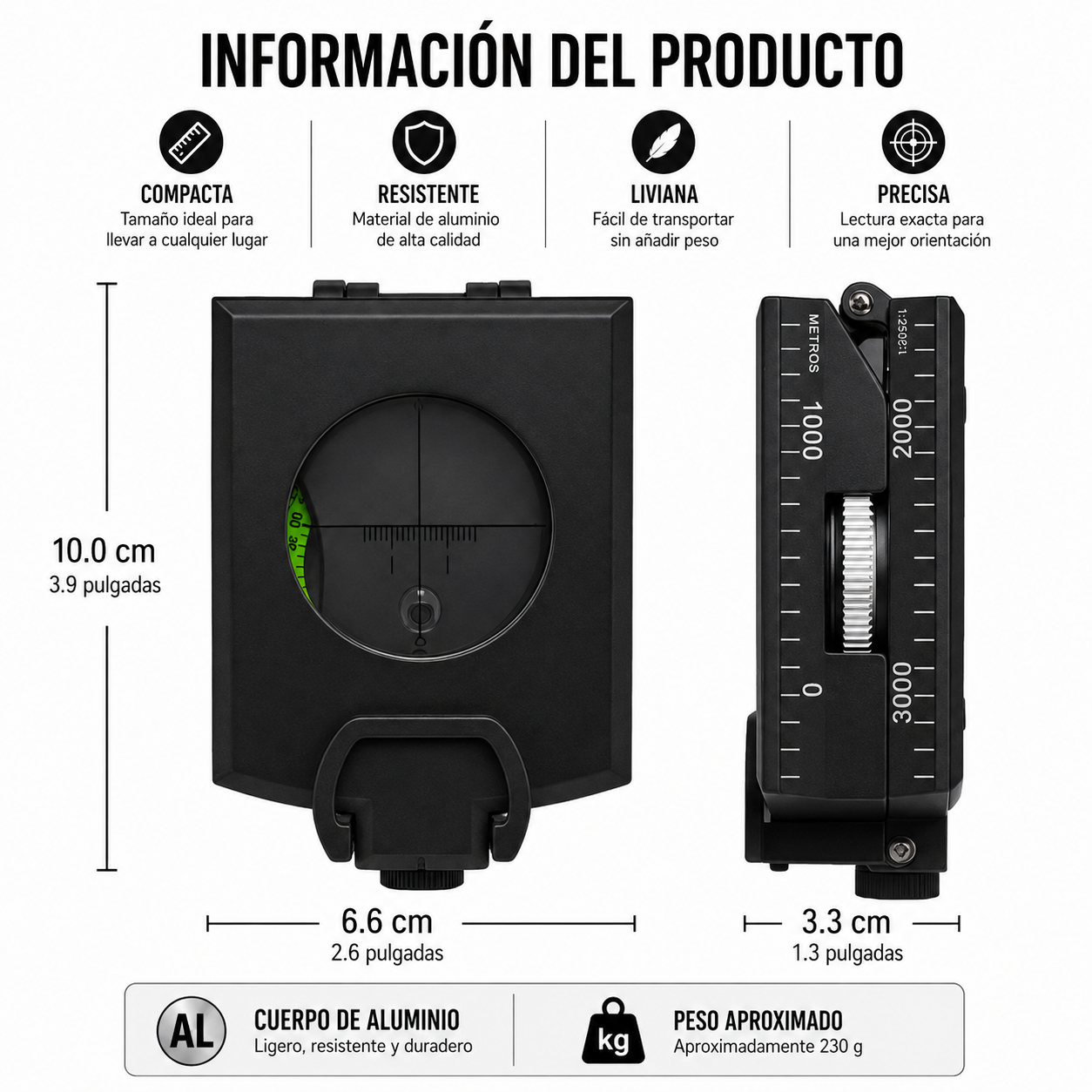 BRUJULA GEOLOGICA DE METAL CON CLINOMETRO GRANDE NEGRO - 4