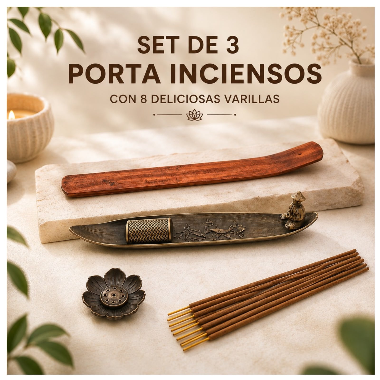 SET DE 3 QUEMADOR PORTA INCIENSOS CON 8 VARILLAS - 1