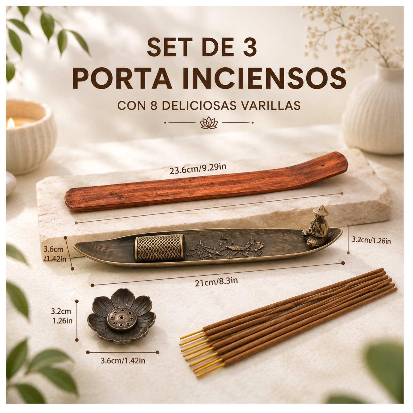 SET DE 3 QUEMADOR PORTA INCIENSOS CON 8 VARILLAS - 2