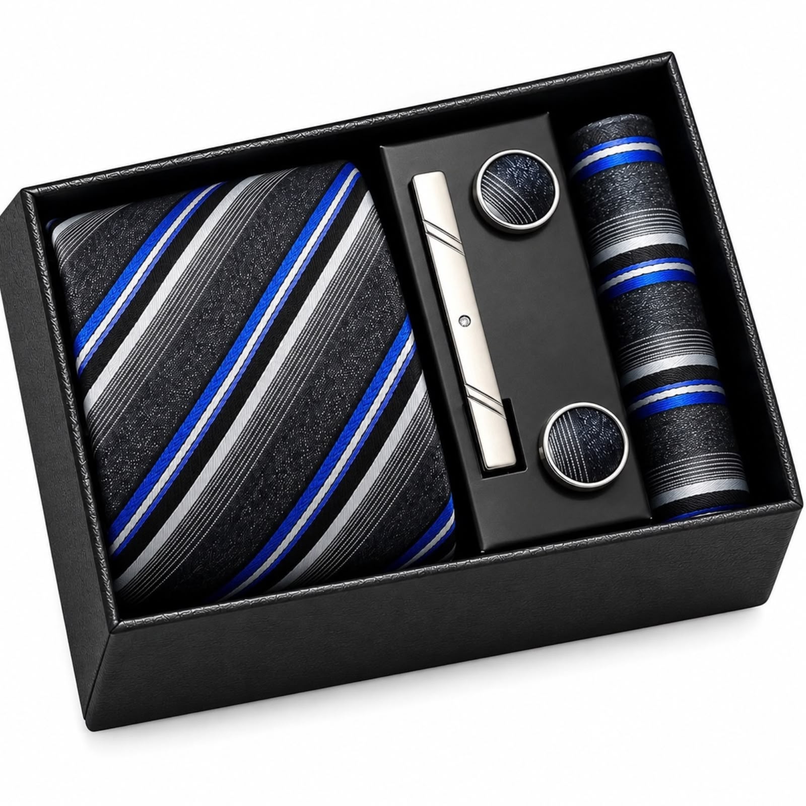 SET CORBATA PISA CORBATA GEMELOS Y PAÑUELO PLOMO MULT. RAYAS M7 - 1