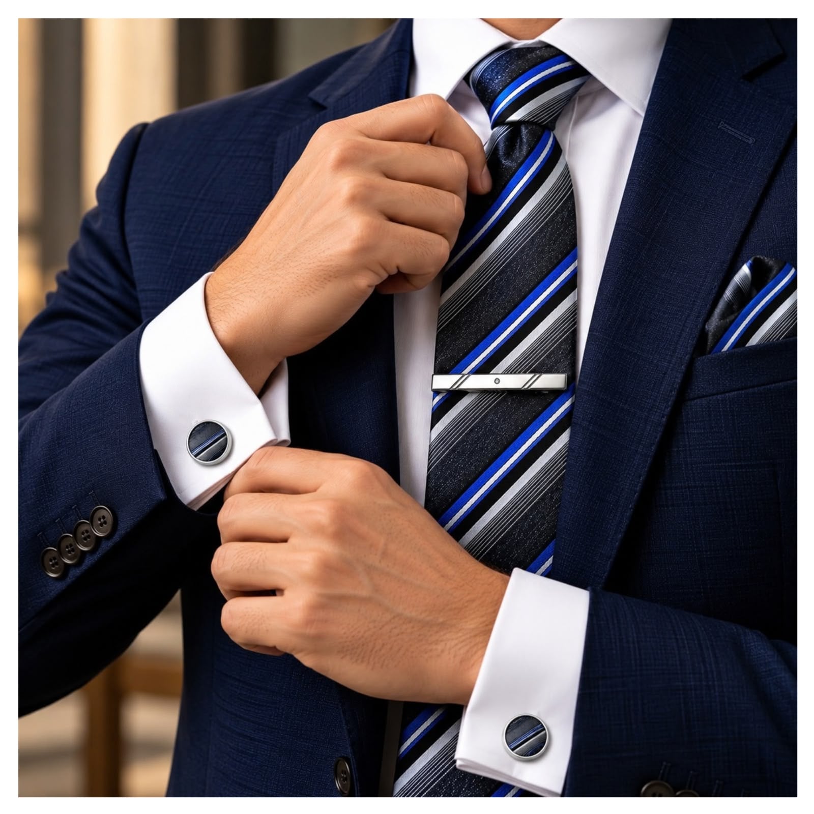 SET CORBATA PISA CORBATA GEMELOS Y PAÑUELO PLOMO MULT. RAYAS M7 - 3