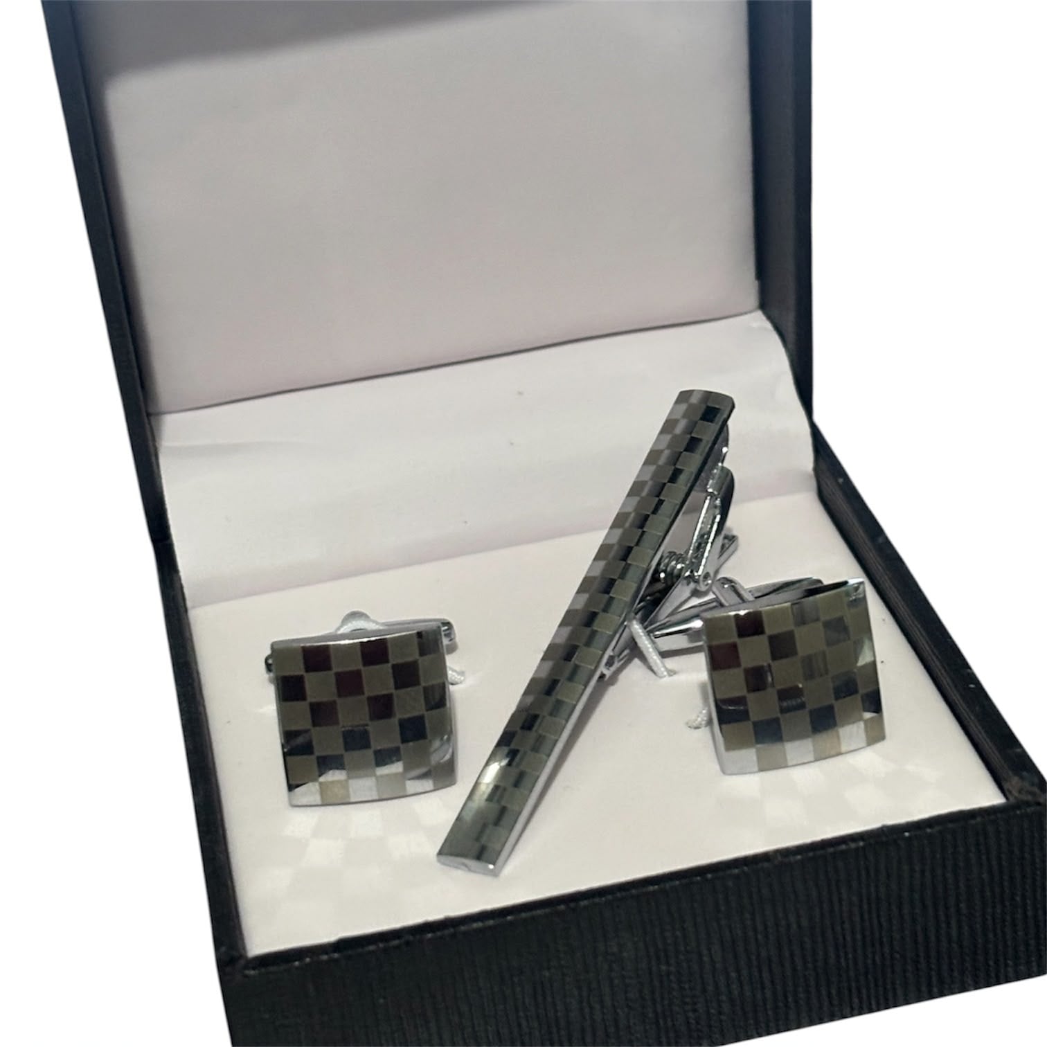 KIT GEMELOS Y PISA CORBATA PLATA CON CUADROS CAJA DE REGALO - 1