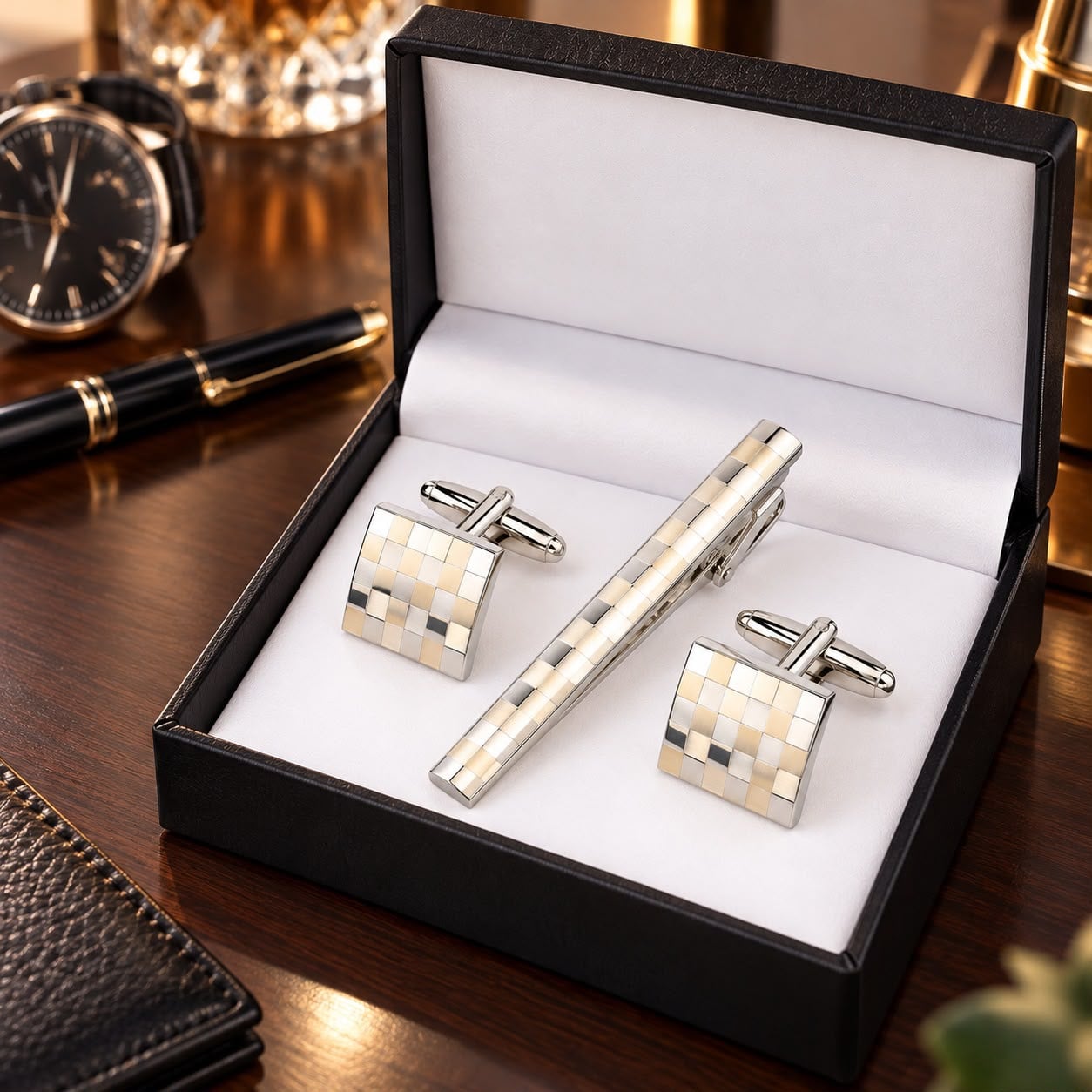 KIT GEMELOS Y PISA CORBATA PLATA CON CUADROS CAJA DE REGALO - 2