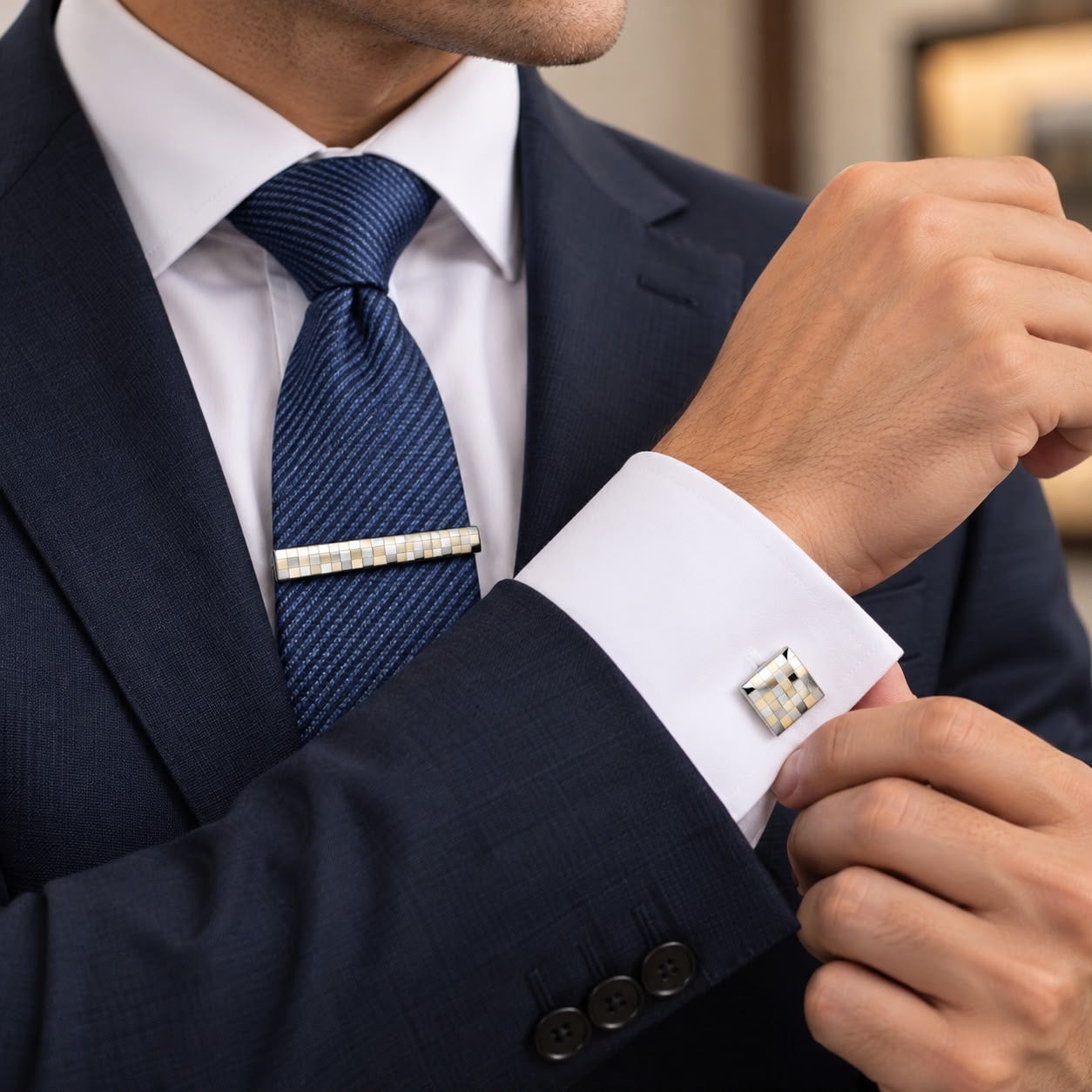 KIT GEMELOS Y PISA CORBATA PLATA CON CUADROS CAJA DE REGALO - 4