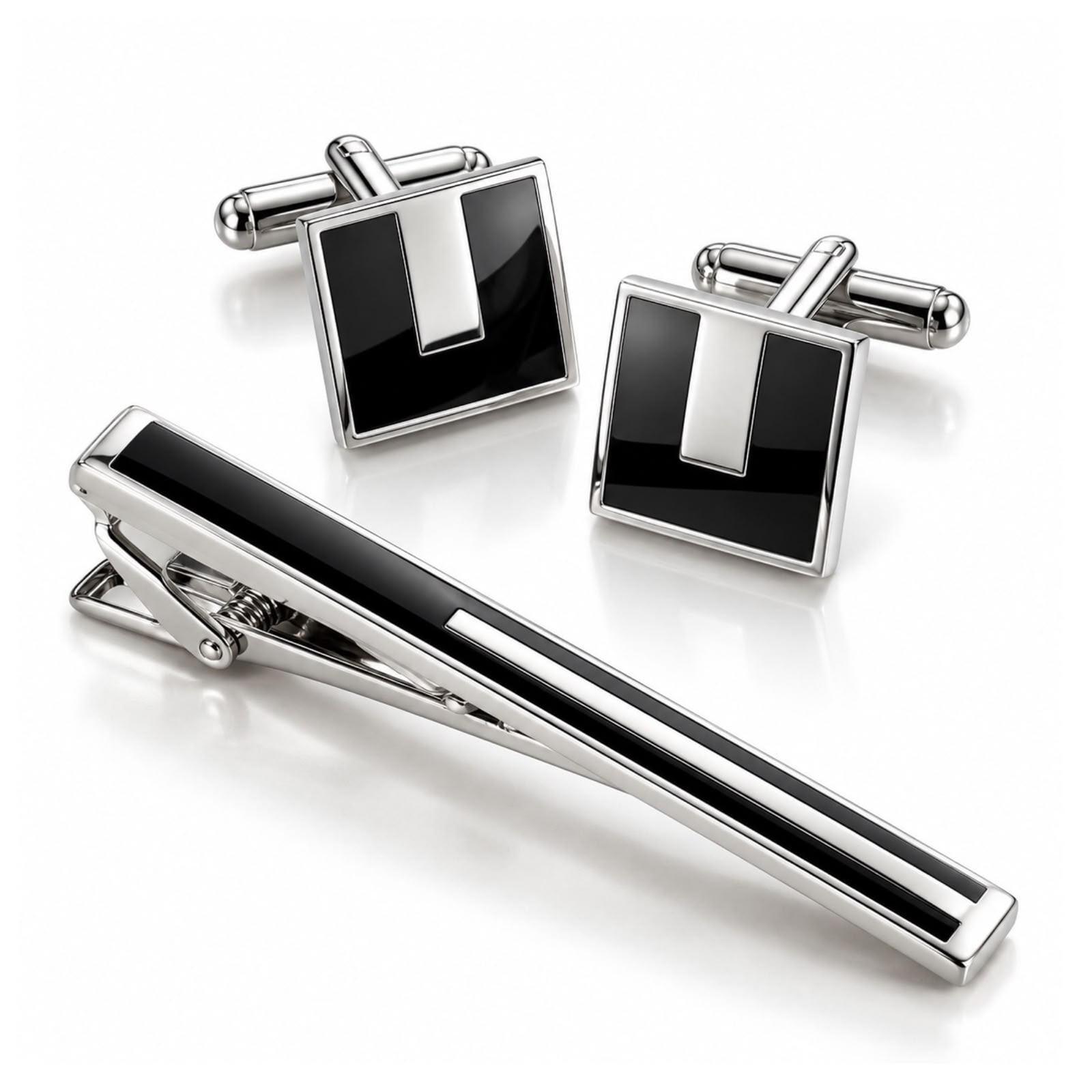 KIT GEMELOS Y PISA CORBATA PLATA Y NEGRO - 1