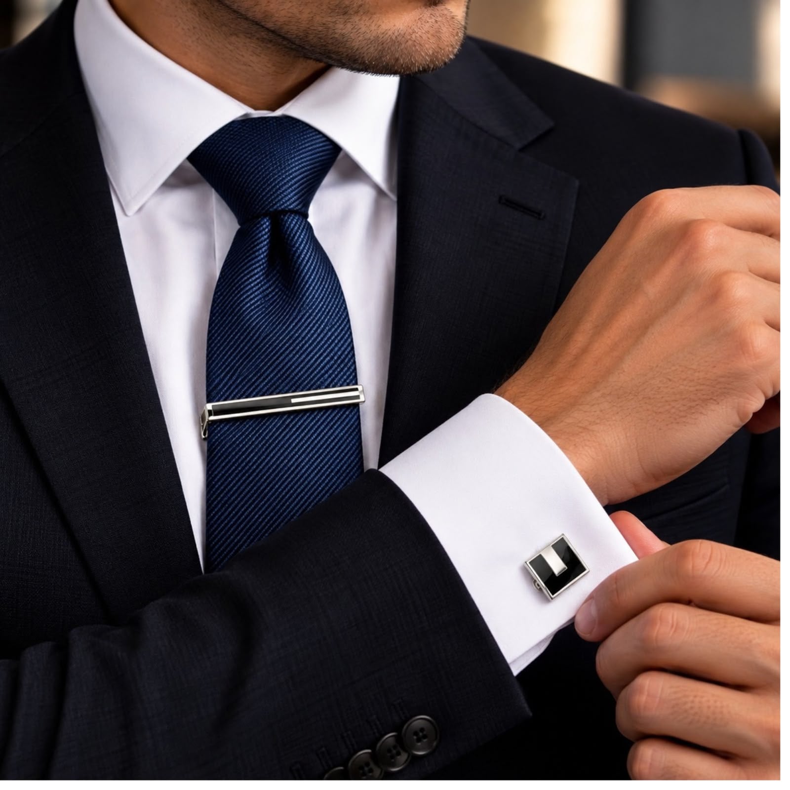 KIT GEMELOS Y PISA CORBATA PLATA Y NEGRO - 2