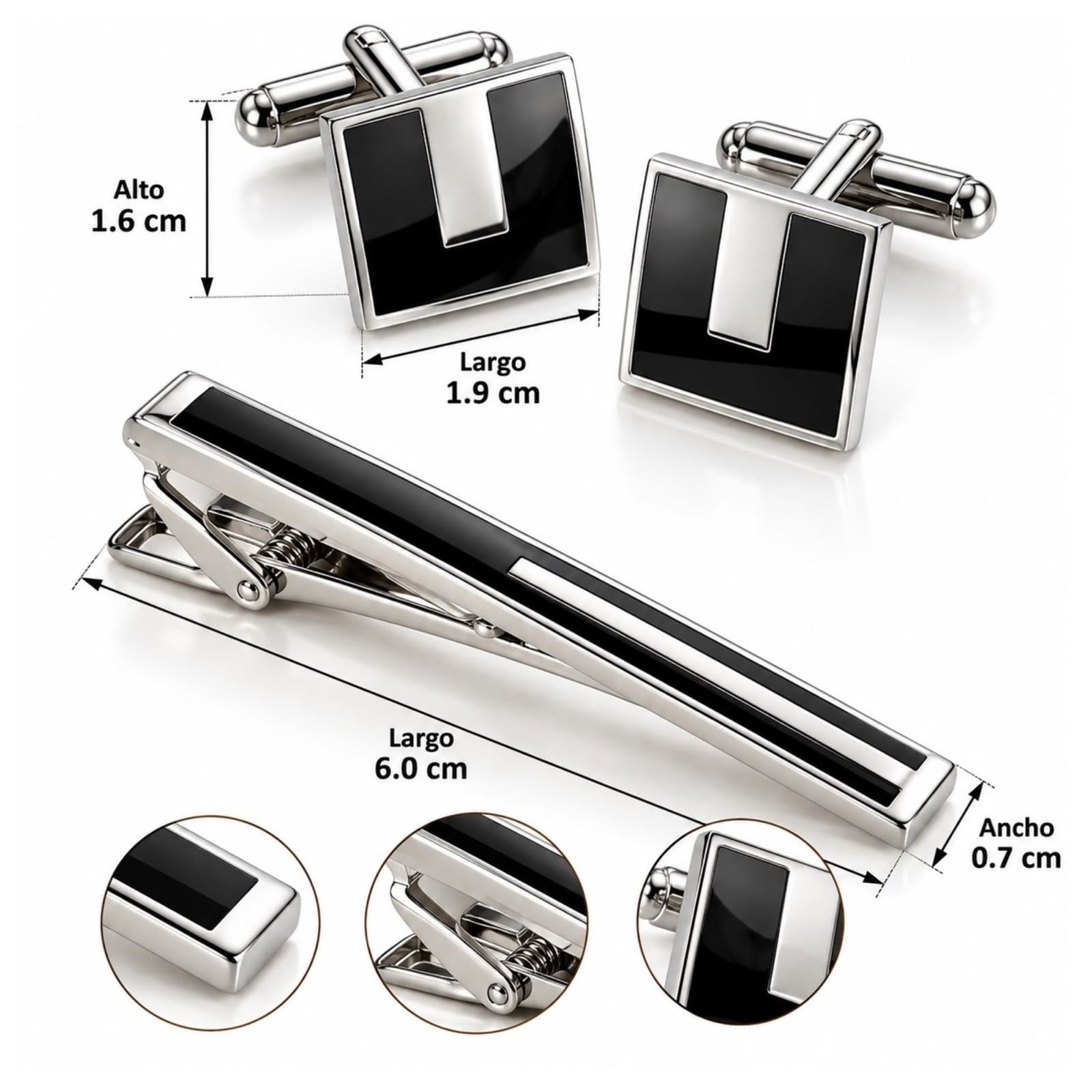 KIT GEMELOS Y PISA CORBATA PLATA Y NEGRO - 3