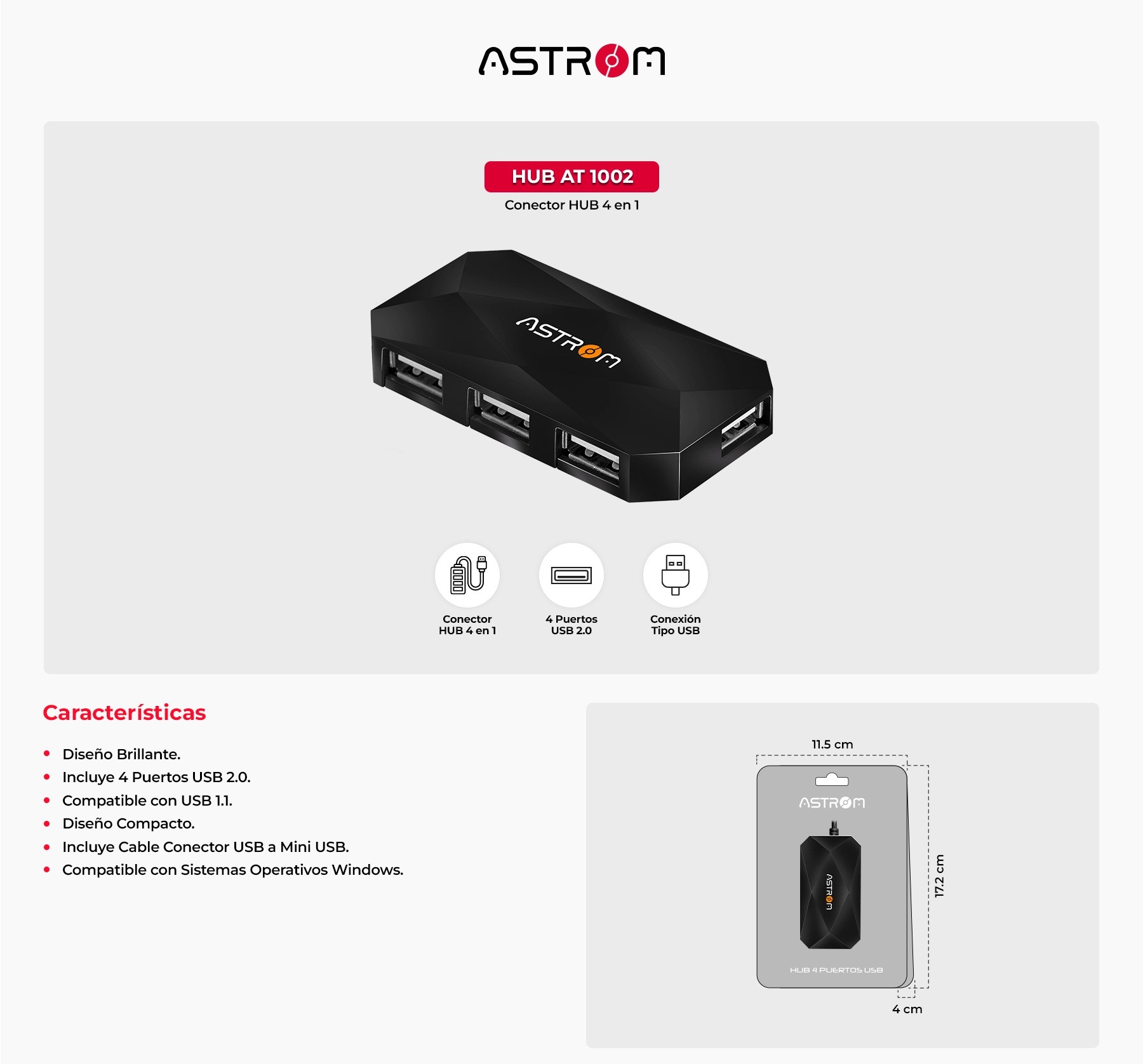 HUB USB 2.0 DE 4 PUERTOS ASTROM AT-1002 PC O LAPTOP - 3