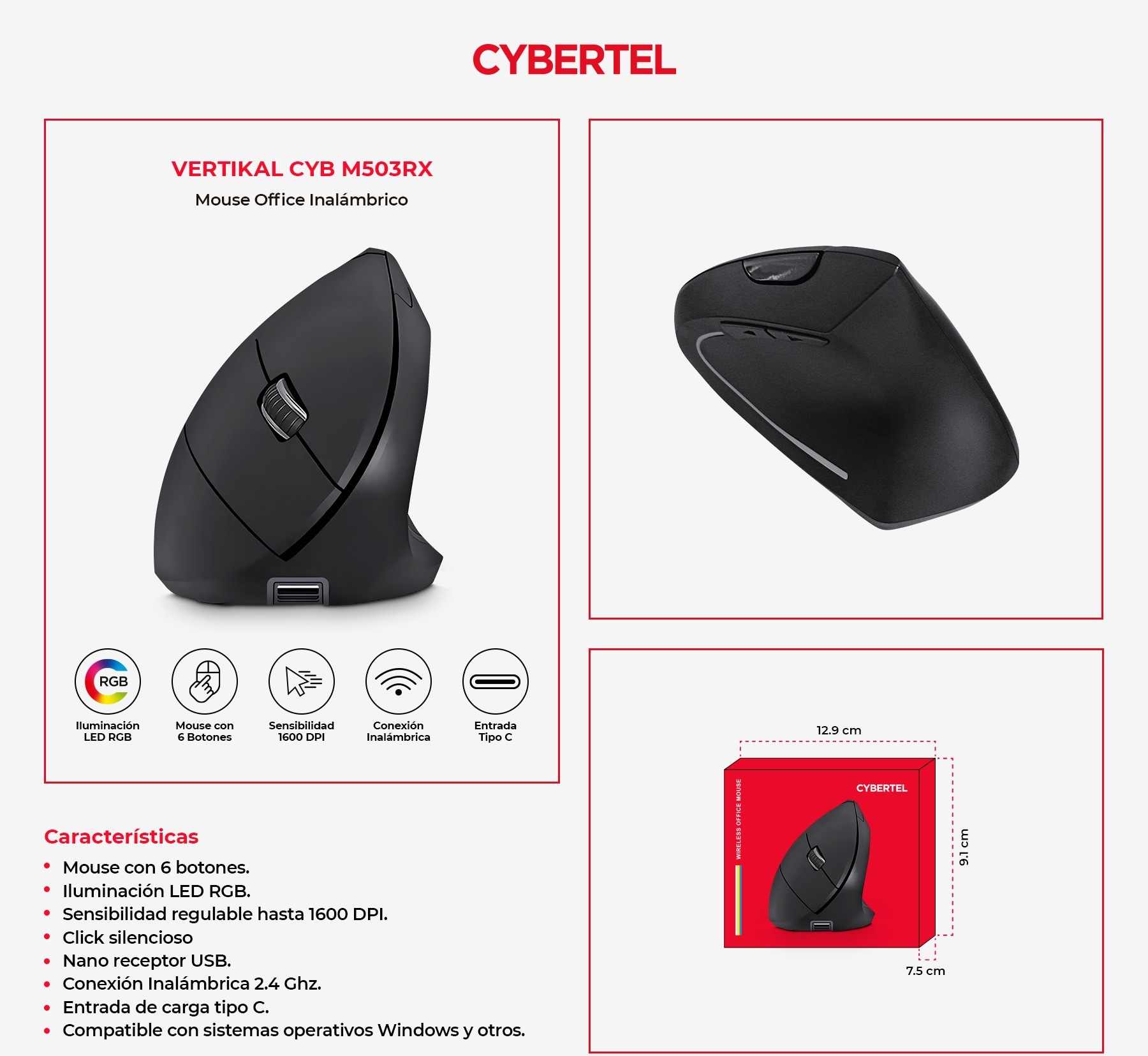 MOUSE CYBERTEL VERTIKAL CYB M503RX – WIFI – RECARGABLE – USB-C - 3
