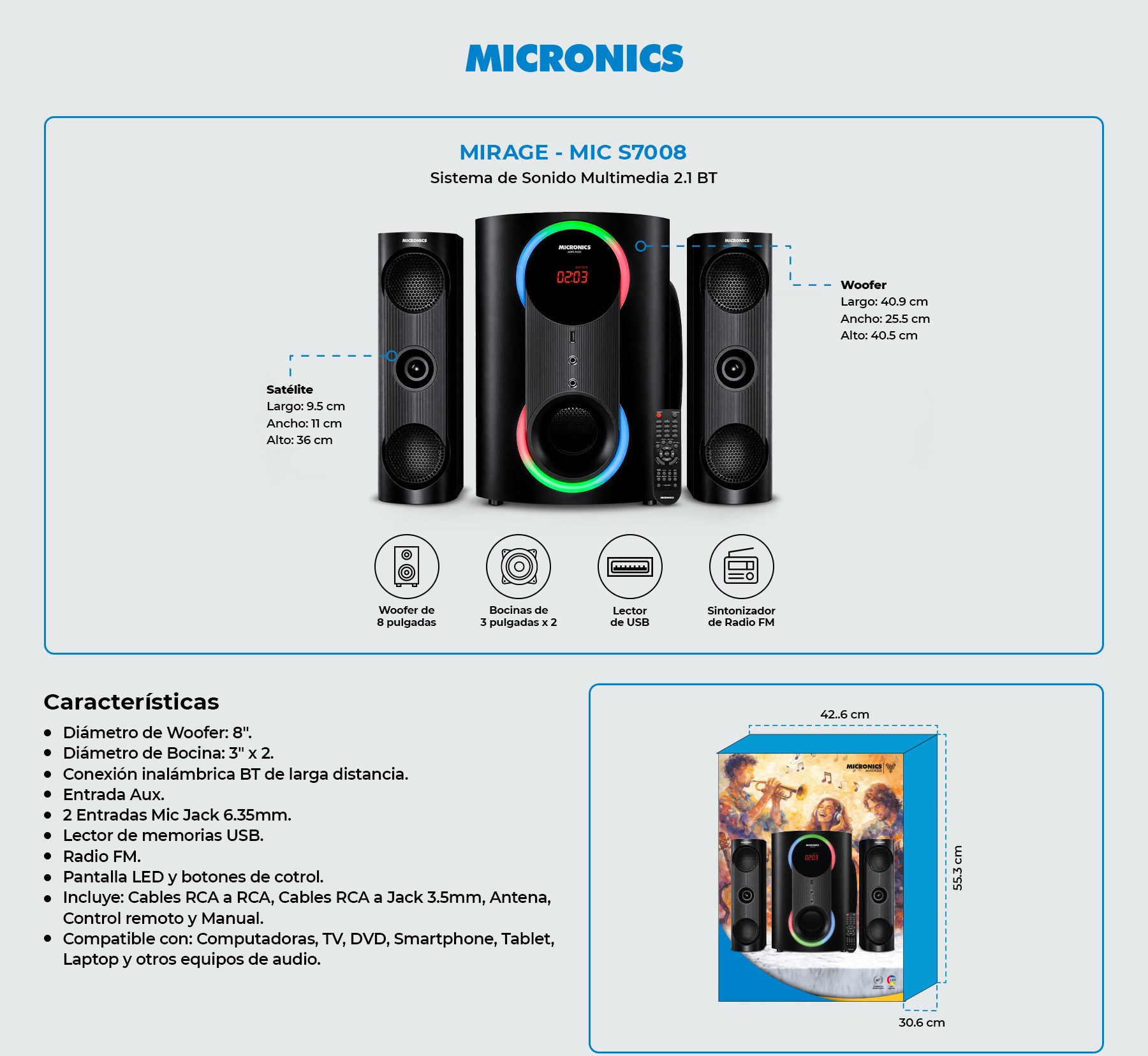 EQUIPO DE SONIDO MICRONICS MIRAGE MIC S7008 BOUFER DE 8 PULG, USB BT - 3
