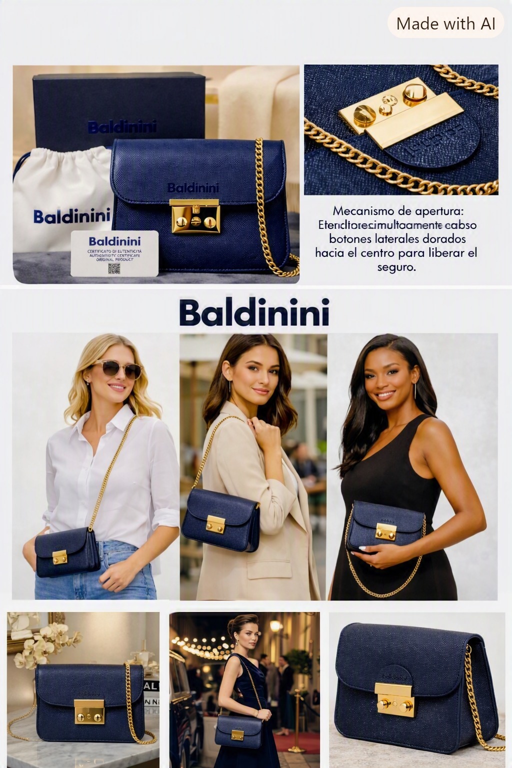 CARTERA BANDOLERA BALDININI DE CUERO AZUL/CADENA DORADA /CARTERA DE LUJO ITALIANA - 1