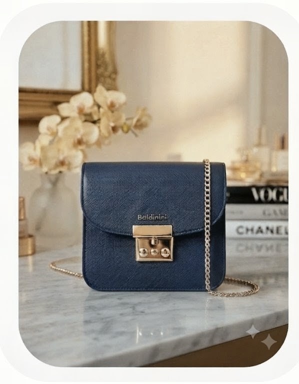 CARTERA BANDOLERA BALDININI DE CUERO AZUL/CADENA DORADA /CARTERA DE LUJO ITALIANA - 5
