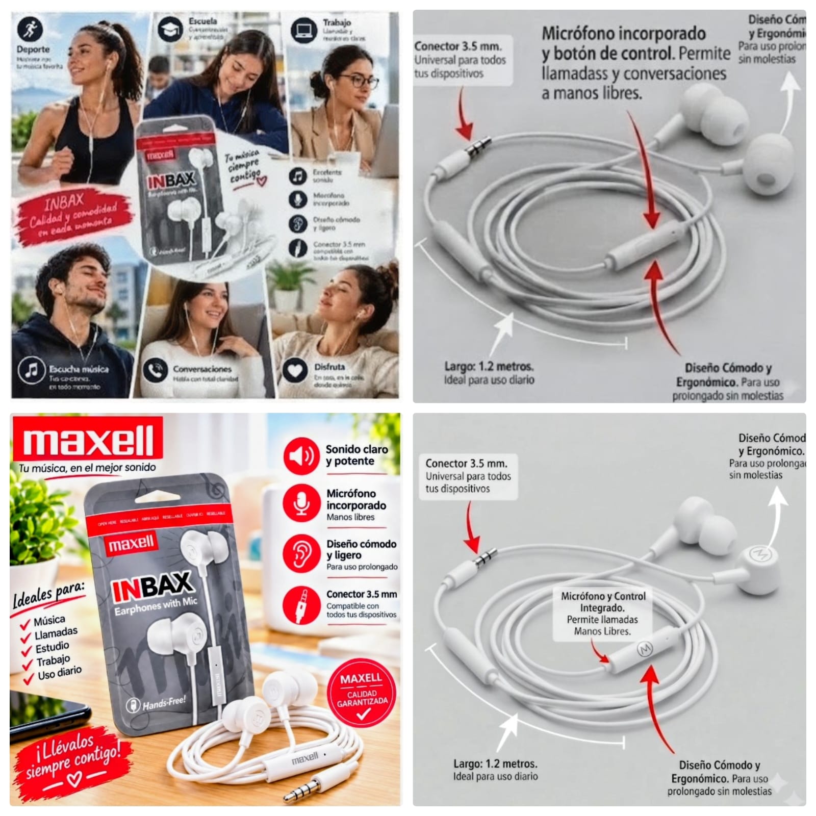 AUDIFONOS MAXELL INBAX CON MICRÓFONO MANOS LIBRES SONIDO CLARO POTENTE CONECTOR 3.5MM PACK X2 / BLANCO - 1
