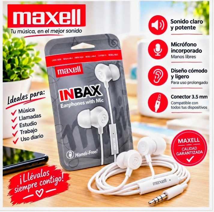 AUDIFONOS MAXELL INBAX CON MICRÓFONO MANOS LIBRES SONIDO CLARO POTENTE CONECTOR 3.5MM PACK X2 / BLANCO - 2