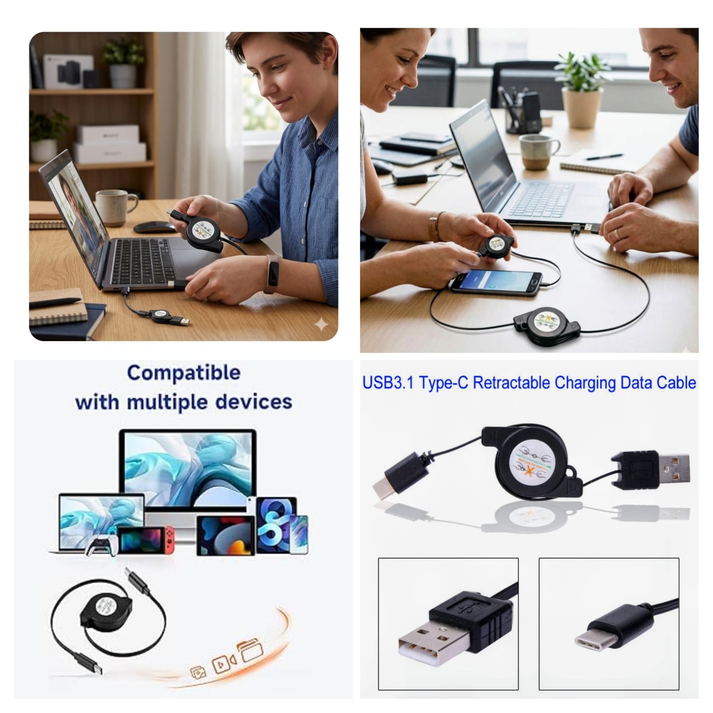 CABLE RETRÁCTIL CARGA RAPIDA MULTIUSOS ORANGE PACK X2 80CM NEGRO COMPATIBLE SMARTPHONE TABLET LAPTOP - 1