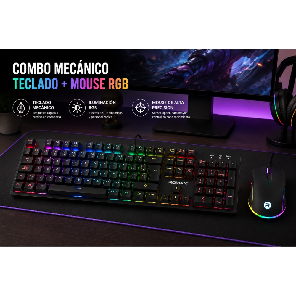 TECLADO MECÁNICO RGB ROMAX 104 TECLAS GAMER INTERCAMBIABLES ANTI-GHOSTING USB - 4