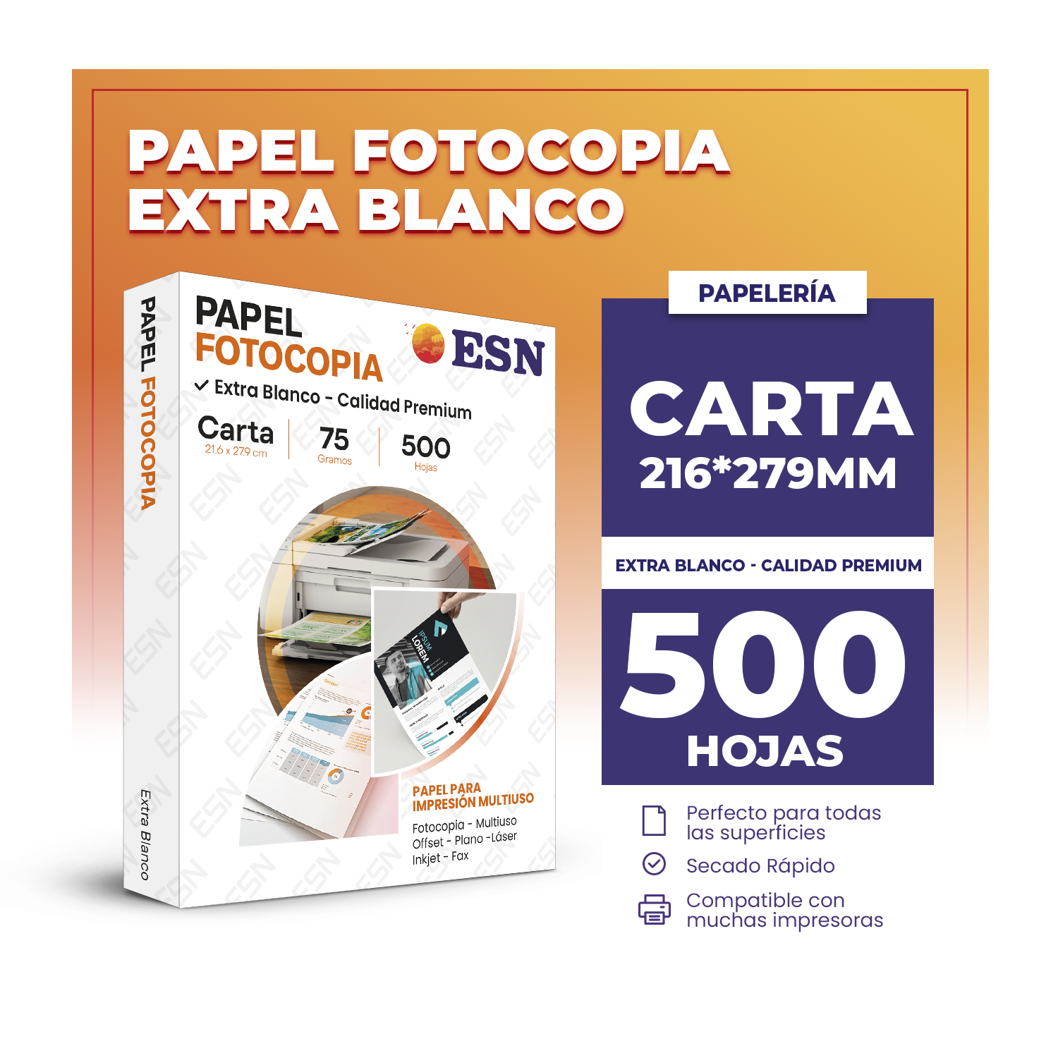 RESMA PAPEL FOTOCOPIA BOND CARTA 75GR 500 HOJAS ESN EXTRA BLANCO - 2